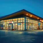 Modern gas station convenience store glowing at dusk with large windows and cars parked outside