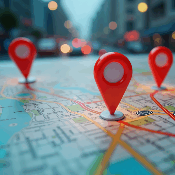 City map with red pinpoints indicating individual points of interest in network planning for fuel stations